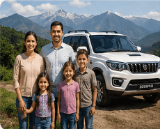 Family traveling through Nepal with a Scorpio